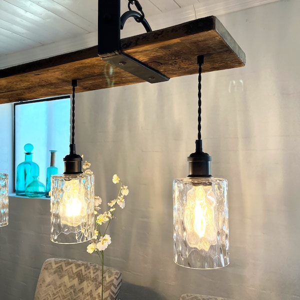 Rustic Barn Wood Chandelier: 4-Light Hammered Glass Pendant