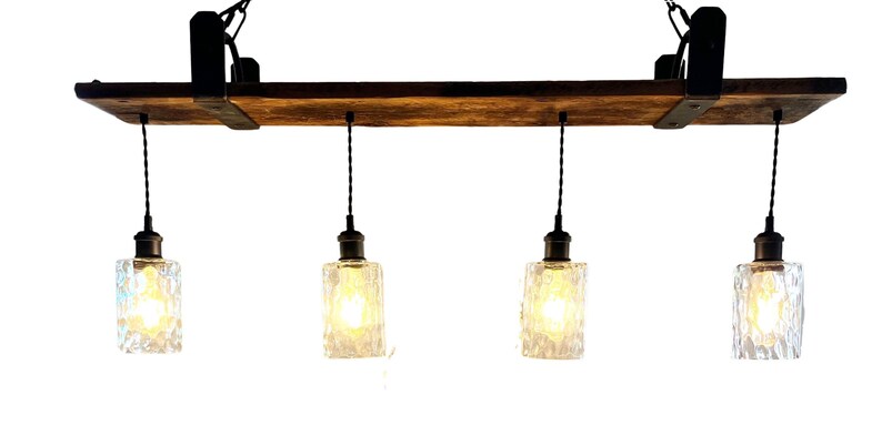 Rustic Barn Wood Chandelier: 4-Light Hammered Glass Pendant image 2
