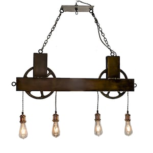 4 Light Dual Pulley Chandelier black Steel Wheels : FREE SHIPPING Rustic Chandelier Lighting Steel chandelier Dining chandelier image 1