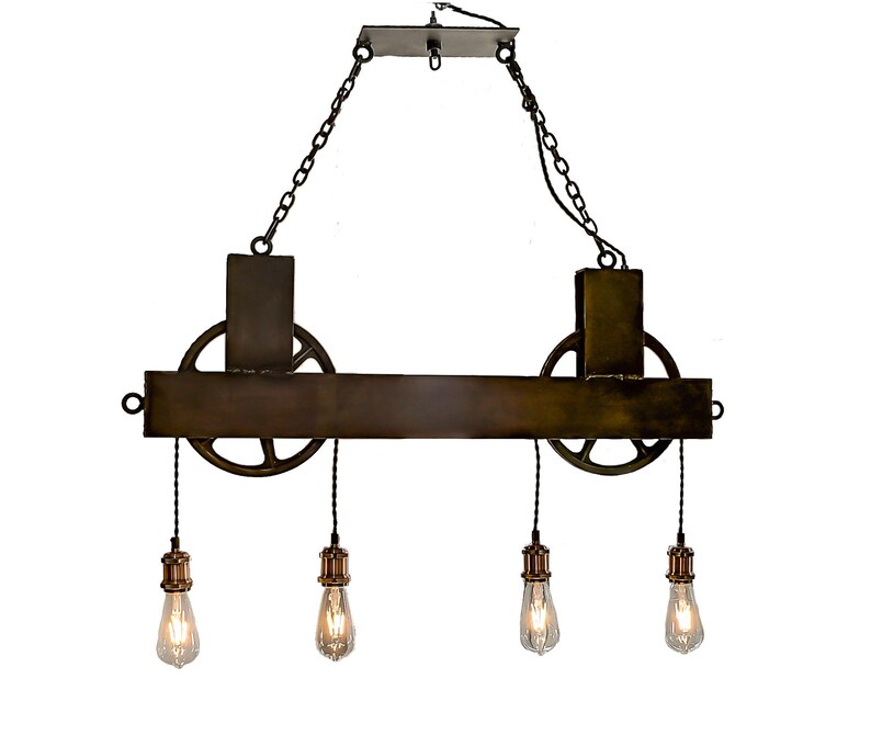 4 Light Dual Pulley Chandelier black Steel Wheels : FREE SHIPPING Rustic Chandelier Lighting Steel chandelier Dining chandelier image 1