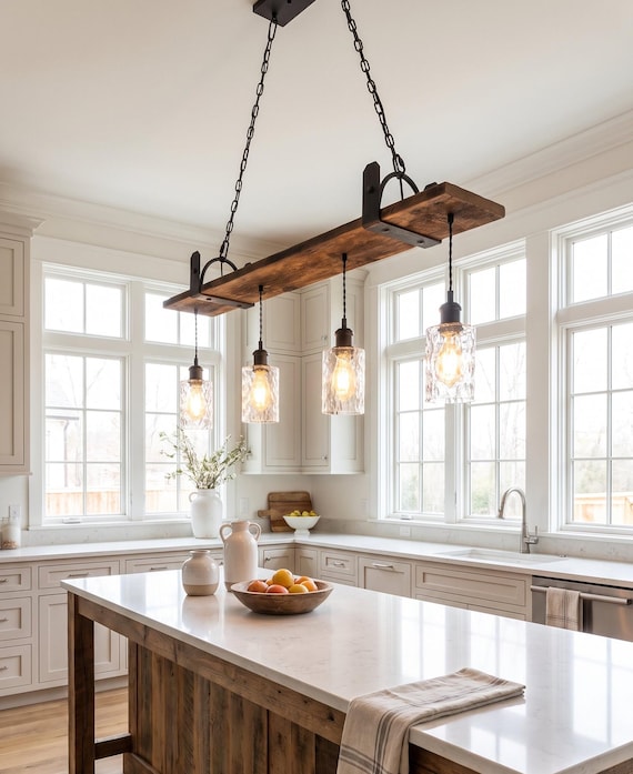 Rustic Barn Wood Chandelier: 4-Light Hammered Glass Pendant