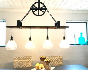 Barnwood Chandelier: 4-Light Pulley Pendant, Edison Bulbs