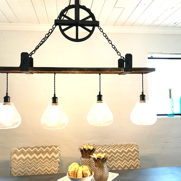 Barnwood 4 hanging light Chandelier with hanging pulley and Iron Brackets FREE SHIPPING Edison bulbs Rustic Chandelier Lighting  Handmade