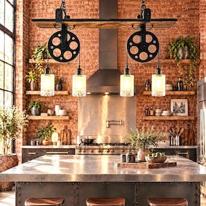 May include: A kitchen island pendant light fixture featuring a horizontal wooden beam suspended by black chains, two large black metal pulley wheels, and four clear glass cylindrical shades with warm glowing bulbs hanging below.