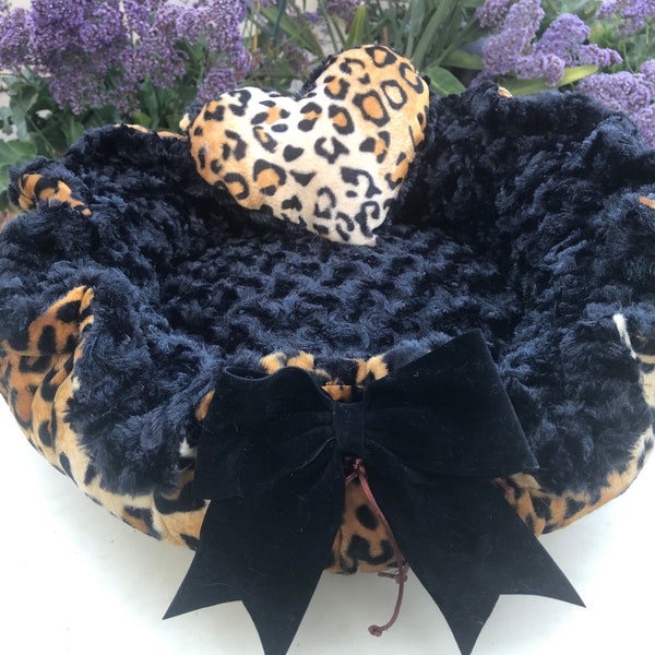 LEOPARD  - Leopard print Velboa and black, tan, or ivory rosette Minky Dog Bed