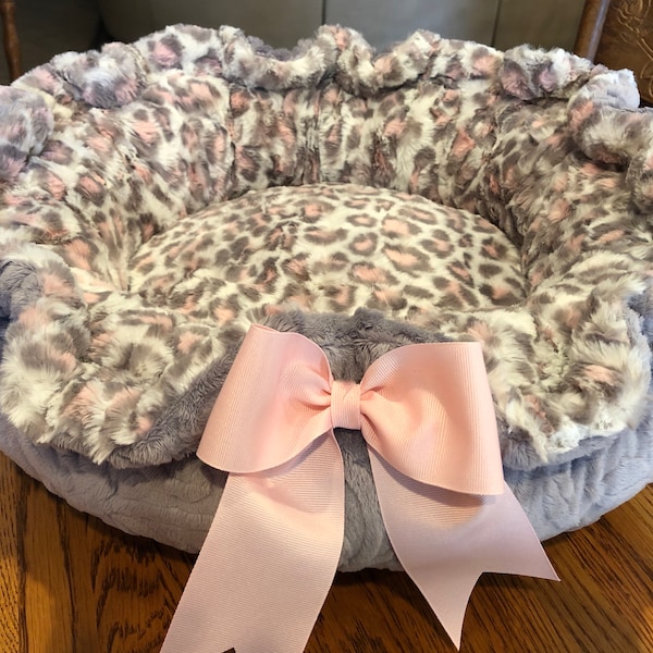 POOCHY LEOPARD BLUSH: Silver vine embossed minky with gray/white/pink long pile Minky Dog Bed