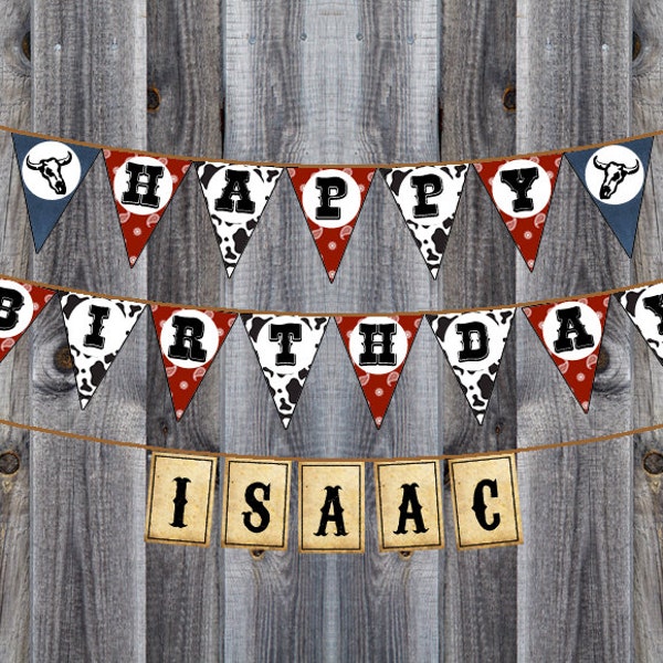 Western, Cowboy, Rodeo Party Theme - Pennant Banner - Happy Birthday - Custom Name - Cow Denim Bandana Print - Instant Download - Printable
