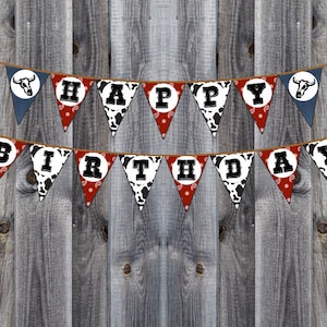 Western, Cowboy, Rodeo Party Thema - Wimpel Banner - alles Gute zum Geburtstag - Kuh, Denim & Bandana Druck - Instant Download - druckbare