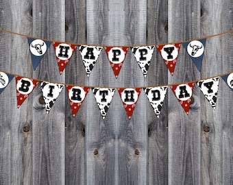 Western, Cowboy, Rodeo Party Theme - Pennant Banner - Happy Birthday - Cow, Denim & Bandana Print - Instant Download - Printable