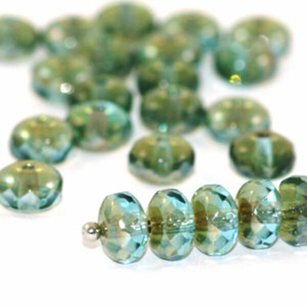 Aqua Celsian 7x4mm Faceted Rondelle Czech Glass Beads x 20