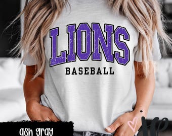 Koszulka kibica drużyny baseballowej AGS Lions z 2026 r., spersonalizowana koszulka baseballowa z maskotką szkoły, koszulka meczowa dla drużyny, koszulka drużynowa w stylu „dristressed”, koszulka baseballowa