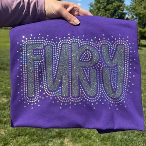 May include: A purple t-shirt with the word "FURY" in silver glitter lettering. The letters are outlined with small, iridescent rhinestones. The shirt is held up against a background of green grass and a blue sky.