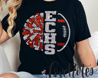 ECHS Football Cheer Team Spirit Shirt, Cheer Bling, Red and Silver Glitter, Custom School Gear, Football Mom, Cheer Mom, Team Pride Gift