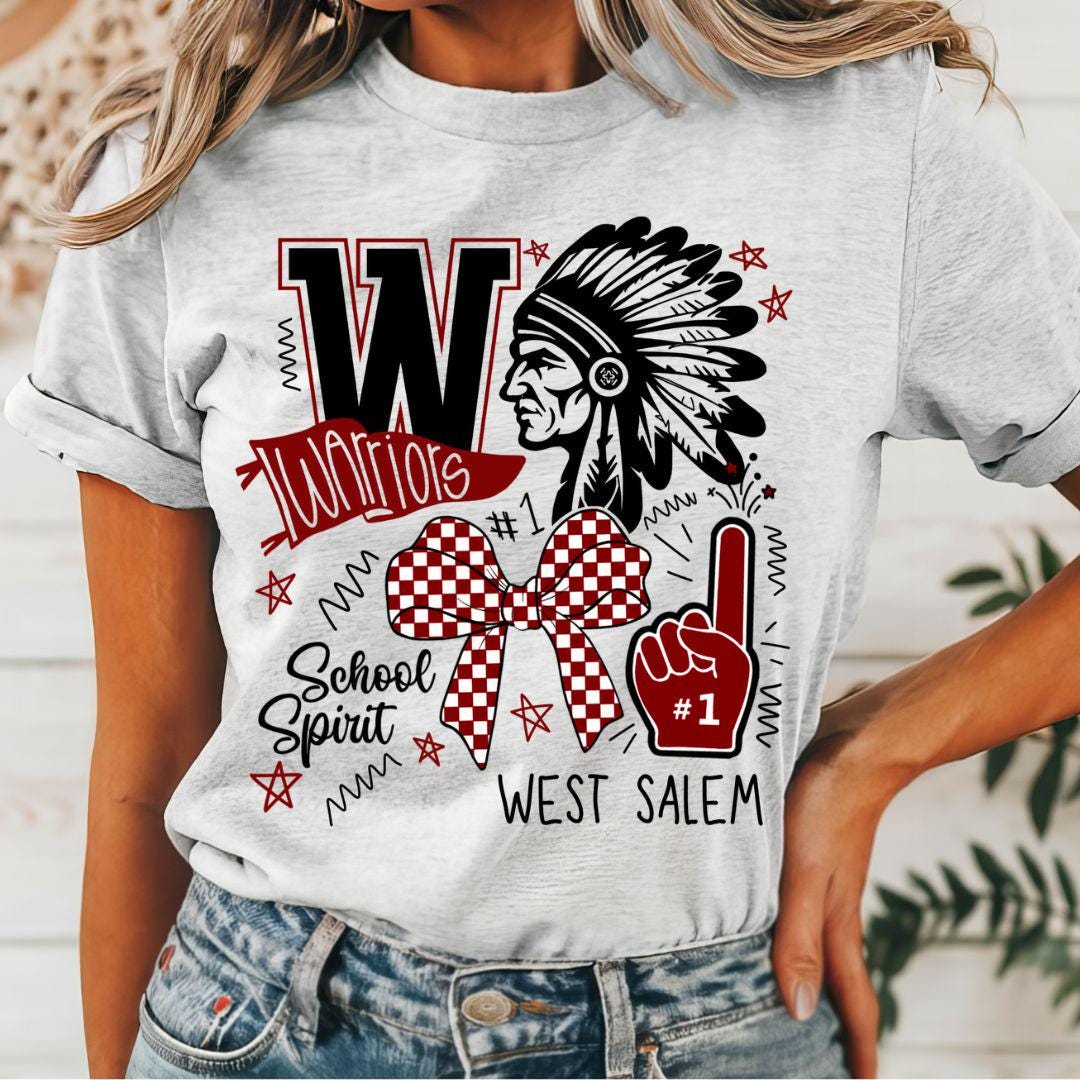 Warriors Mascot Custom School Shirts, Checkered Bow Busy Design, Custom Colors, Custom Mascot, Custom School Name, Unisex Fit Bella Brand