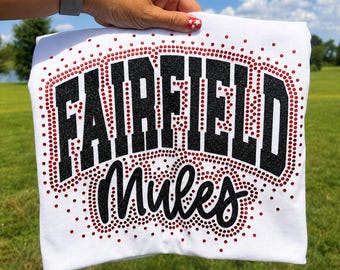 Custom Glitter Mascot Shirt | Personalized Team Name Spirit Wear, Black Glitter & Holographic Spangles
