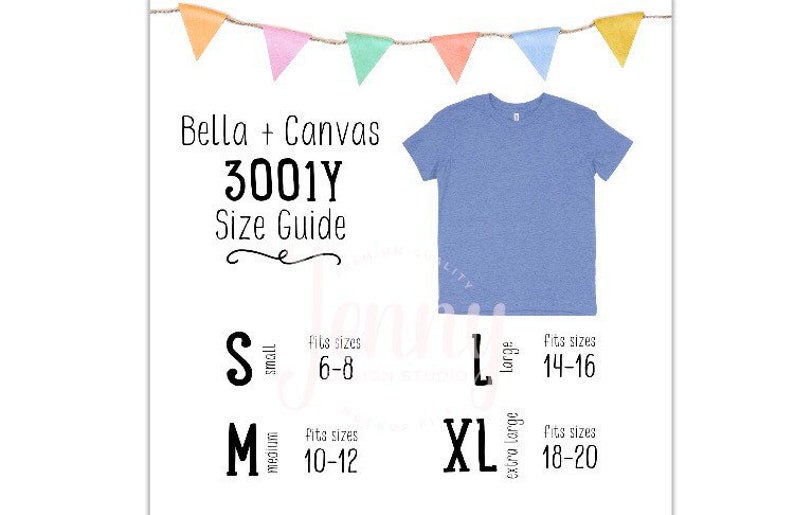 May include: Size chart for Bella + Canvas 3001Y t-shirts. The chart shows the size options: S (small), M (medium), L (large), and XL (extra large). Each size is labeled with the corresponding age range it fits: 6-8, 10-12, 14-16, and 18-20.