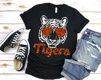 Tiger with Sunglasses, Tigers Spirit Shirt, Tigers Team Pride Tee, Tigers Fan Shirt, Tigers Team Shirt with Glitter, Bella Unisex Fit Shirt