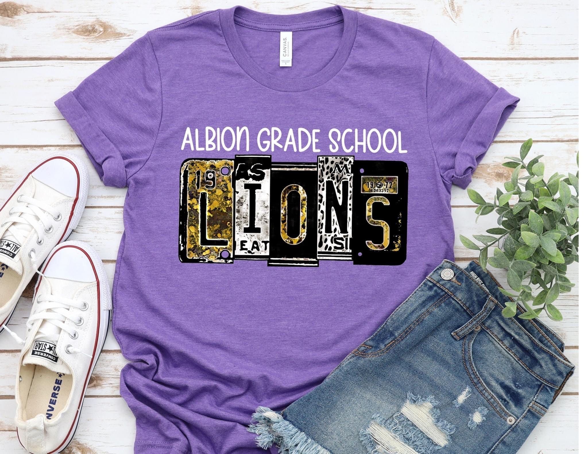 Lions License Plate Shirt, Purple and Gold School Spirit Shirt, Mascot Team Spirit Shirt, Lions Team Pride Tee, Unisex Fit Shirt