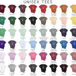 May include: A chart showing 36 different unisex t-shirt colors. The colors are arranged in rows and columns. Each color has a name written below it. The names include colors like cardinal, maroon, heather maroon, red, heather red, heather orange, heather autumn, heather mustard, kelly, heather grass, heather forest, heather emerald, heather olive, tan, heather peach, yellow, heather kelly, mint, heather mint, heather prism mint, heather prism dusty blue, heather dusty blue, navy, heather midnight navy, purple, heather purple, heather prism ice blue, ocean blue, steel blue, heather deep teal, deep teal, true royal, heather prism lilac, lilac, pink, charity pink, berry, heather raspberry, heather orchid, heather mauve, white, heather grey, storm, heather dark grey, black, heather black, oxblood black, mauve.