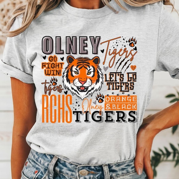 Olney Tigers Custom School Typography Shirts, Custom Colors, Custom Mascot, Custom School Name, Unisex Fit Bella Brand Shirt
