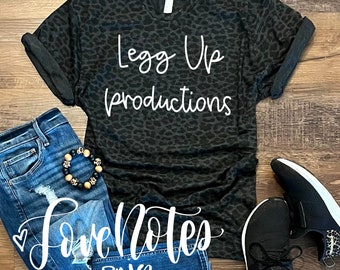 Legg Up Productions, Custom Handwritten Font Dance Shirt on Black Leopard, Leopard Shirt, Unisex Fit Shirts, Customizable Leopard Print Tee