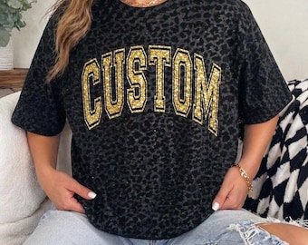 Custom Glitter Varsity Leopard Print Shirt, Personalized Boutique Tee