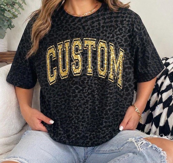 Custom Glitter Varsity Leopard Print Shirt, Personalized Boutique Tee