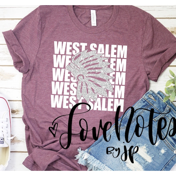 West Salem Warrior Pride Shirt, School Spirit Tee Glitter, Maroon and White, Heather Maroon Unisex Fit Shirt