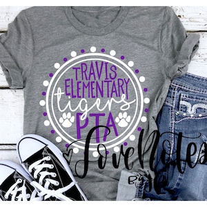 Travis Elementary PTA, Glitter Purple, Matte White, PTA Crew on Back, Crew Neck or V Neck Available