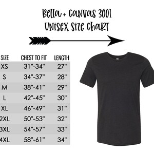 May include: Unisex size chart for Bella + Canvas 3001 t-shirts. The chart shows sizes XS through 4XL with corresponding chest measurements in inches and length measurements in inches.