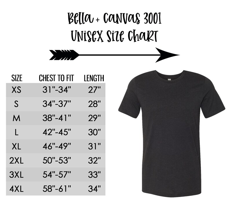 May include: Unisex size chart for Bella + Canvas 3001 t-shirts. The chart shows sizes XS through 4XL with corresponding chest measurements in inches and length measurements in inches.