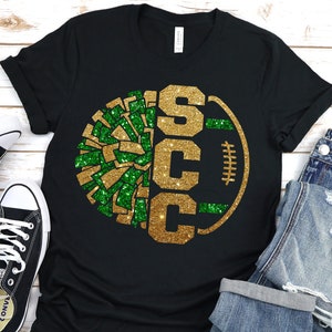 SCC Football Cheer Team Spirit Shirt, Green and Gold Glitter, Custom School Gear, Football Mom, Cheer Mom, Team Pride Gift