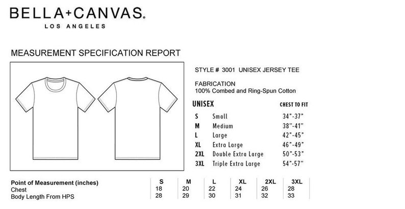 Peut inclure: Un tableau de mesures pour un t-shirt en jersey unisexe. Le tableau indique les mesures de poitrine &agrave; ajuster en pouces pour les tailles S &agrave; 3XL. Le tableau indique &eacute;galement les mesures de poitrine et de longueur du corps en pouces pour chaque taille.