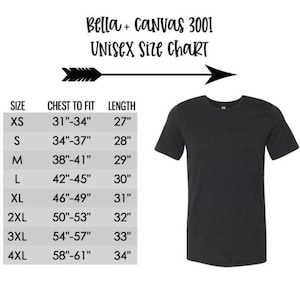 May include: Unisex size chart for Bella + Canvas 3001 t-shirts. The chart shows chest to fit and length measurements in inches for sizes XS to 4XL.