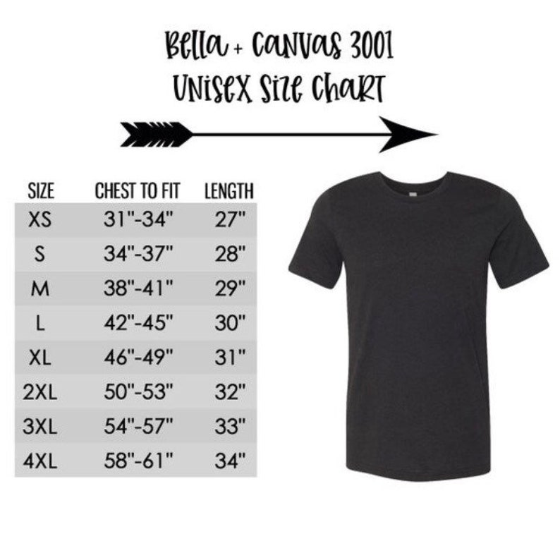 May include: Unisex size chart for Bella + Canvas 3001 t-shirts. The chart shows chest to fit and length measurements in inches for sizes XS to 4XL.