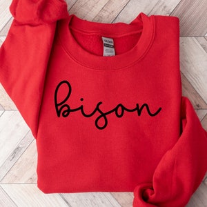 May include: Red sweatshirt with the word "bison" written in black cursive lettering.