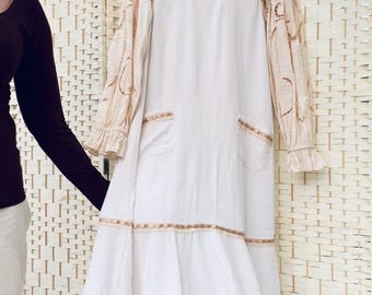 Cottagecore White Linen Edwardian Pinafore | Victorian Blouse | UK 10 - 12