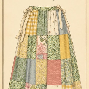 Op de afbeelding: Een patchwork rok met diverse bloemmotieven, ruitjes en effen stoffen in geel, groen, blauw en roze. De rok heeft een elastische taille met twee strikken aan de zijkanten en een zoom van witte broderie anglaise. Tekst: by Miss Susannah Patchwork Cottage Skirt.