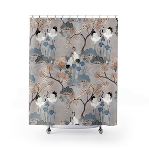 Shower Curtain, 71x74 in, Bathroom Decor, Japanese Garden Grey, Japanese style with birds and cherry flowers