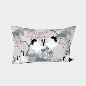 Pillow Cover LEFT Side - Standard/King - Cotton Sateen - Made in Canada - Japanese Garden Grey/Pink/Lilac, Japanese style birds, flowers