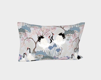 Pillow Cover LEFT Side - Standard/King - Cotton Sateen - Made in Canada - Japanese Garden Grey/Pink/Lilac, Japanese style birds, flowers