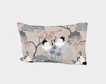 Funda de almohada LADO DERECHO - Satén de algodón - Estándar/King, Fabricada en Canadá - Jardín japonés gris, Diseño de estilo japonés con pájaros y flores