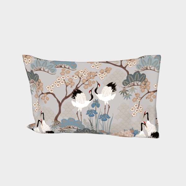 Pillow Cover RIGHT Side - Cotton Sateen - Standard/King, Made in Canada - Japanese Garden Grey, Japanese style design with birds, flowers