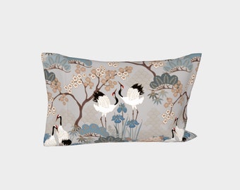 Funda de almohada para lado izquierdo, tamaño estándar/king, satén de algodón, fabricada en Canadá, diseño de estilo japonés con pájaros y flores, color gris