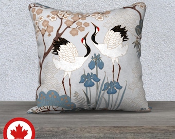 Decorative Throw Pillow Cover 18x18 in Japanese Garden Light Grey, Blue Back, Velveteen, Cotton Canvas, Cotton Linen Canvas, Poly Canvas