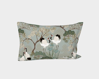 Pillow Cover LEFT Side, Standard/King, Cotton Sateen, Made in Canada, Japanese Garden Sage, Japanese style design with birds and flowers