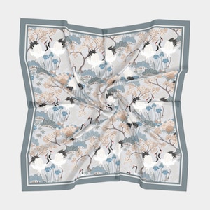 Square Scarf 100%  Silk Charmeuse or Silk Habotai - Japanese Garden Grey with White Cranes Birds and Sakura, Cherry Flowers, 36 in or 50 in