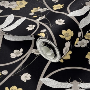 Wallpaper Peel and Stick, Easy to Apply Removable Wallpaper, DIY Wallpaper, Dragonfly Black, Dragonflies and Yellow Flowers, Made in USA