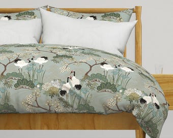 Dark Green Oriental Bedding Set Cover, Crane Bird and Cherry