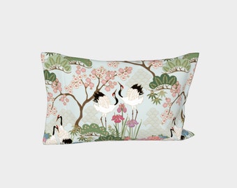 Pillow Cover LEFT Side, Standard/King, Cotton Sateen, Made in Canada, Japanese Garden Chantilly, Japanese style design with birds